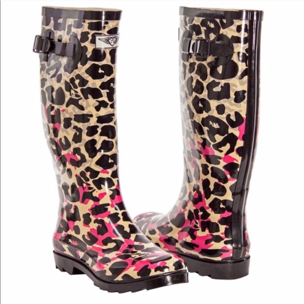 Women Knee High Pink Leopard Rain Boots RB-1404